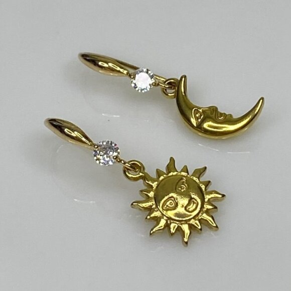Gold Sun & Moon Earrings Stainless Steel Cubic Zirconia Earwires - Picture 5 of 5